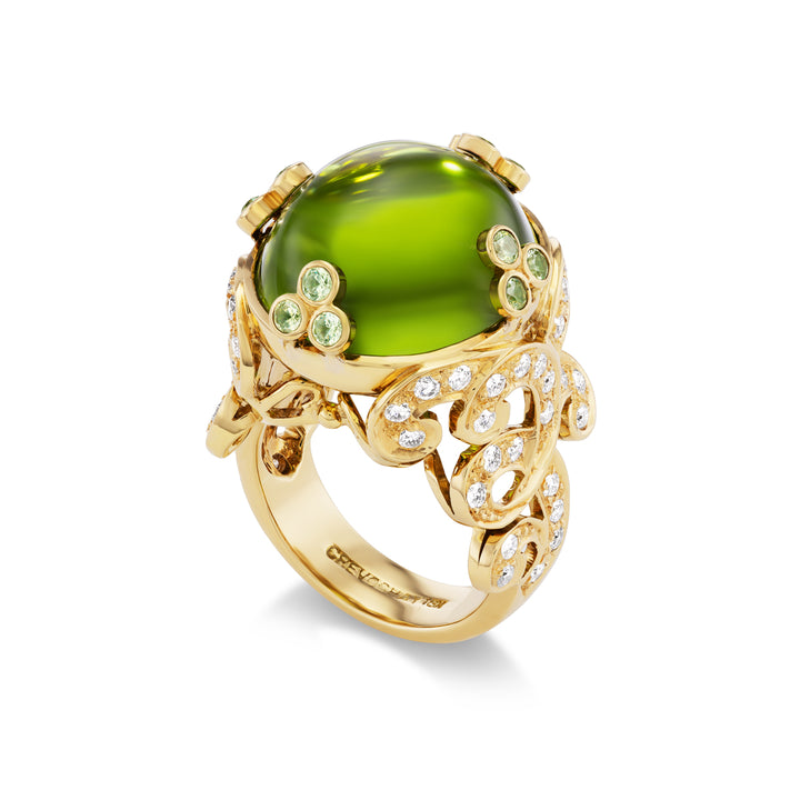 18K Yellow Gold, Peridot, Garnet and Diamond Ring