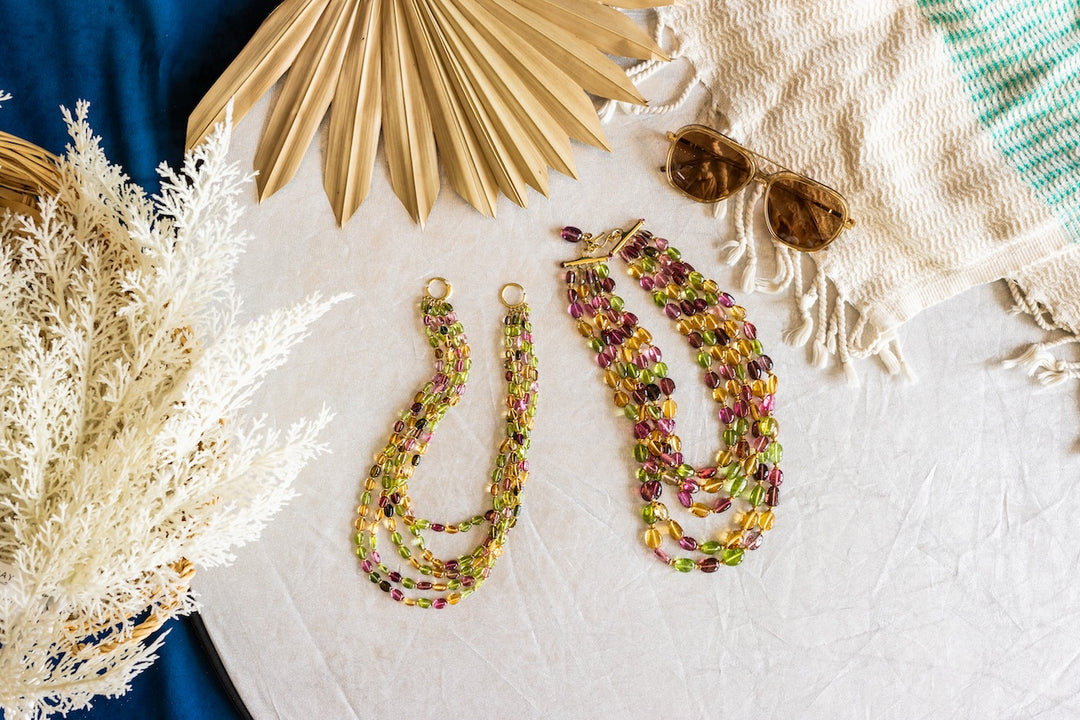 18K Yellow Gold 5 Strand Mini Peridot, Tourmaline and Citrine Necklace