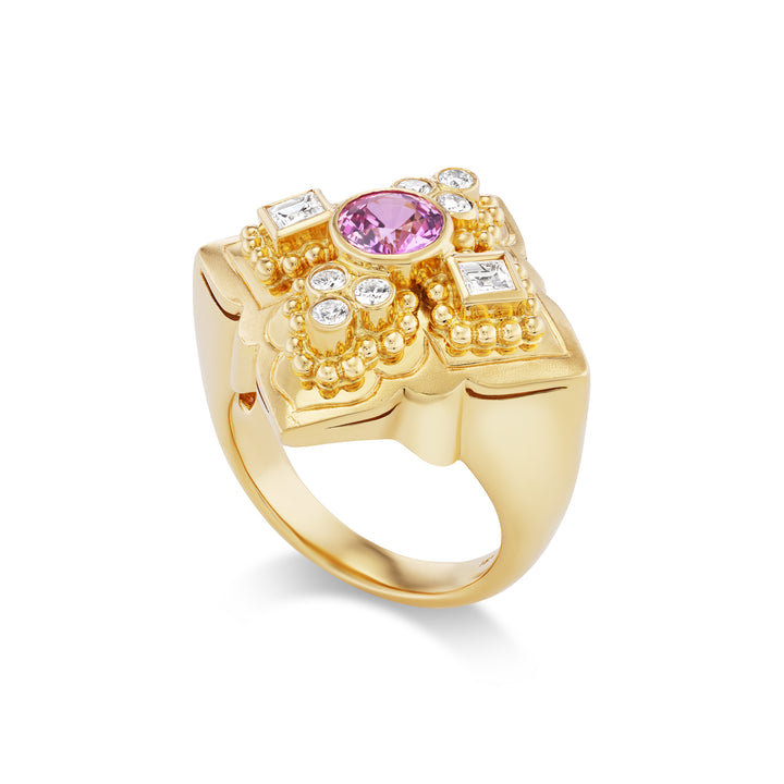 18K Yellow Gold,  Pink Sapphire & Diamond Ring