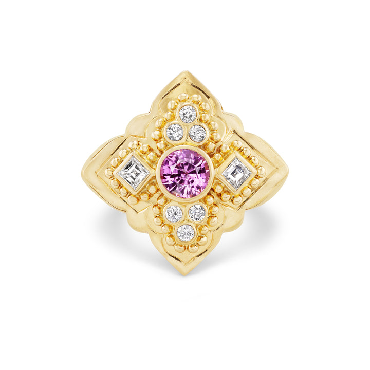 18K Yellow Gold,  Pink Sapphire & Diamond Ring