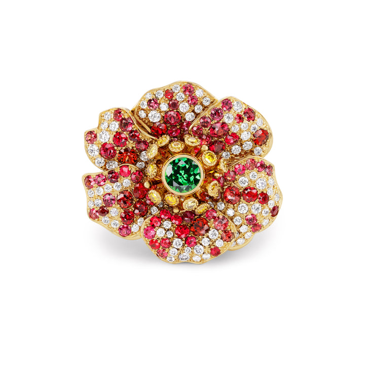 18K Yellow Gold, Red Spinel, Tsavorite &  Diamond Flower Ring