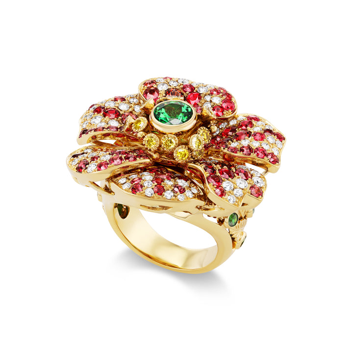 18K Yellow Gold, Red Spinel, Tsavorite &  Diamond Flower Ring