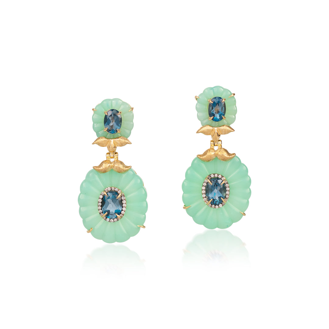 18K Yellow Gold & Chrysoprase Drop Earrings with London Blue Topaz & Diamonds