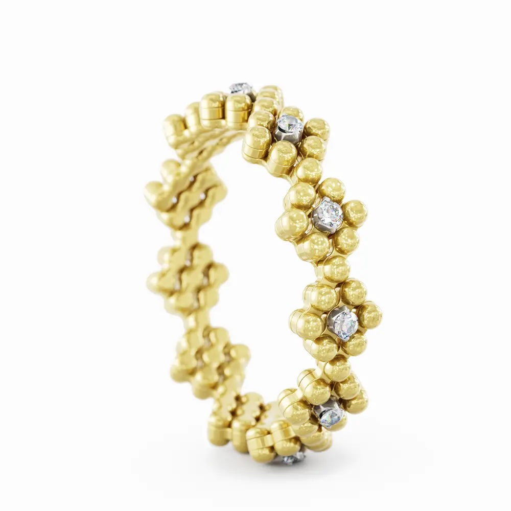 18K Yellow & White Gold Multi-Size Flower Ring with Round Brilliant Cut Diamonds