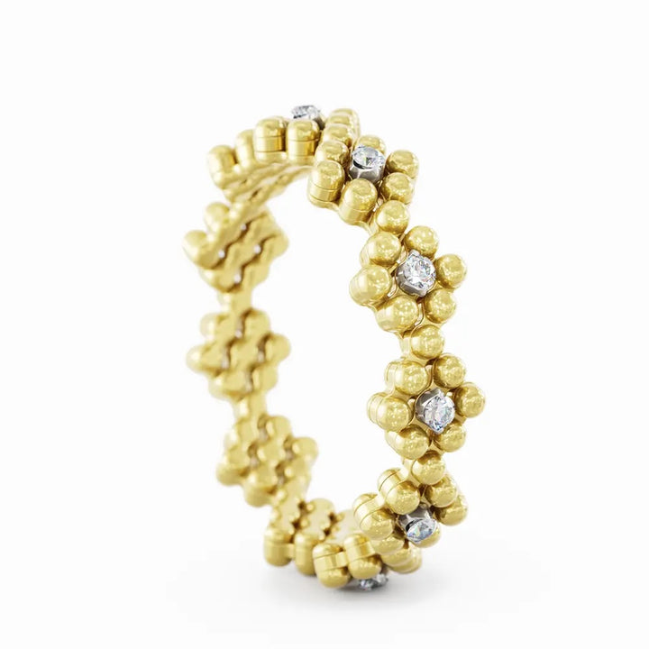 18K Yellow & White Gold Multi-Size Flower Ring with Round Brilliant Cut Diamonds