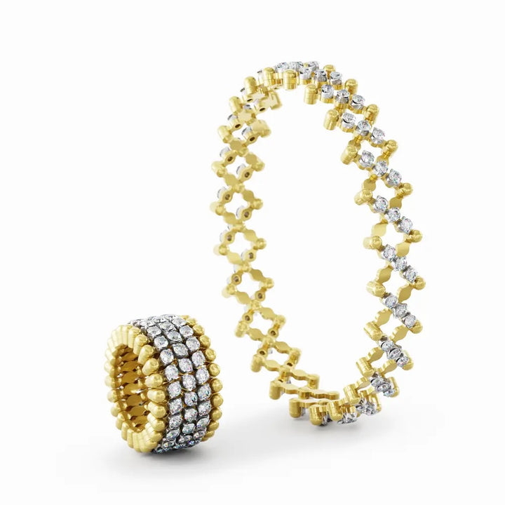 18K Yellow and White Gold Versatile Ring Bracelet with 5 Rows of Round Brilliant Cut Diamonds