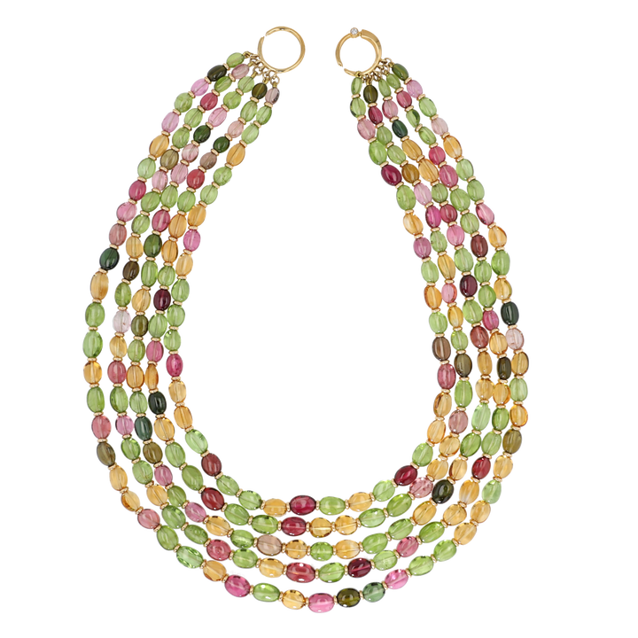 18K Yellow Gold 5 Strand Mini Peridot, Tourmaline and Citrine Necklace