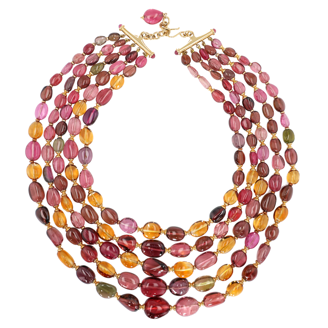 18K Yellow Gold 5 Strand Necklace with Tourmaline and Citrine Beads