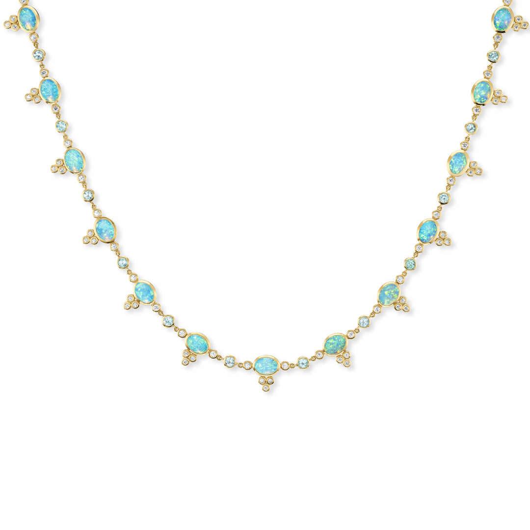 18K Yellow Gold Australian Opal, Paraiba Tourmaline and Diamond Necklce Close Up