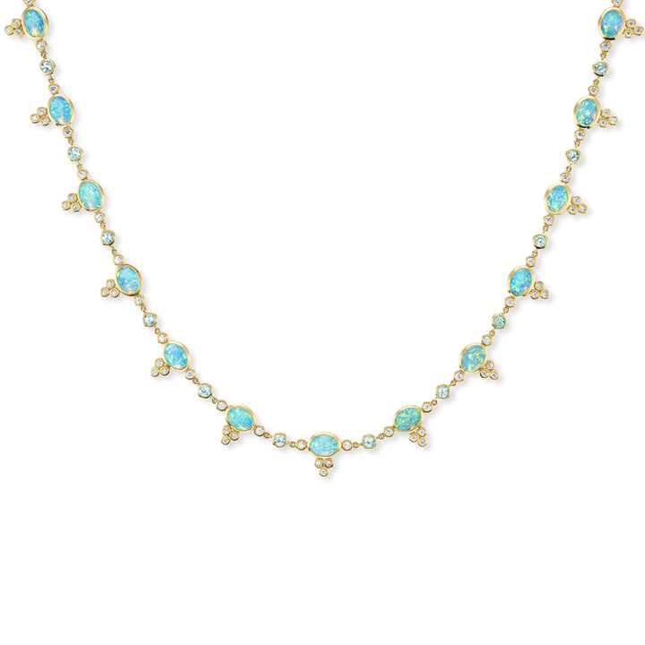 18K Yellow Gold Australian Opal, Paraiba Tourmaline and Diamond Necklce Close Up