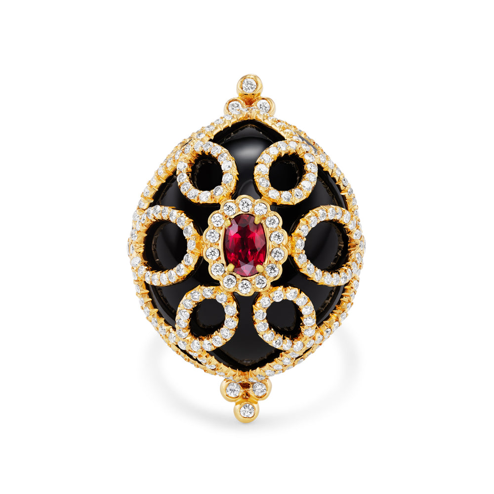 18K Yellow Gold Black Jade, Ruby and Diamond Ring Front
