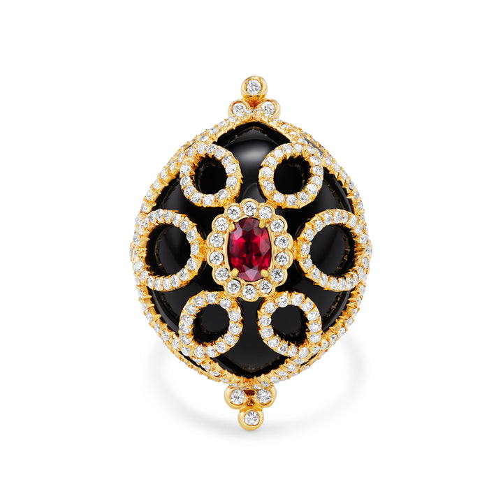 18K Yellow Gold Black Jade, Ruby and Diamond Ring Front