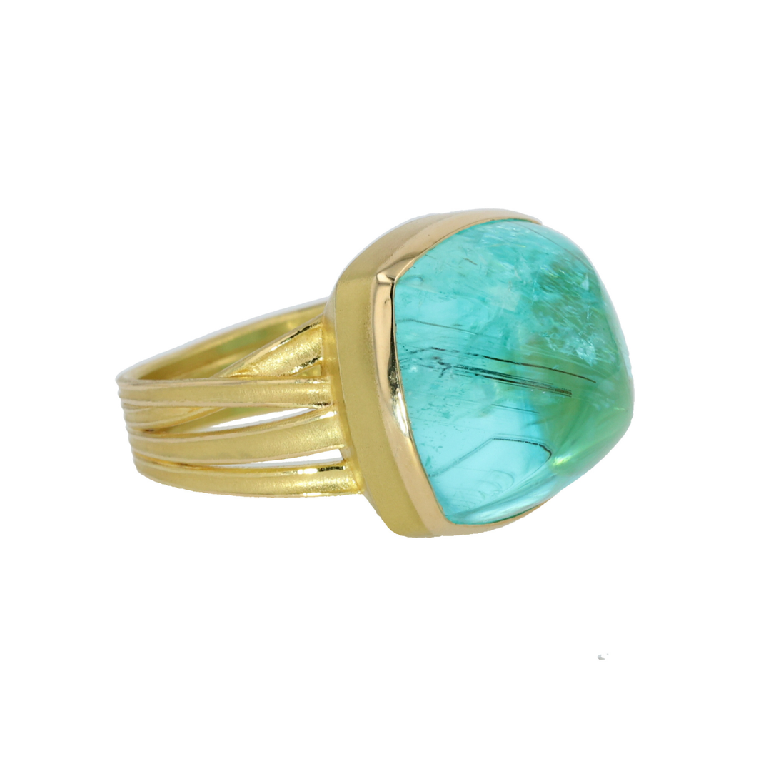 18K Yellow Gold & Cushion Mozambique Paraiba Tourmaline Ring Side