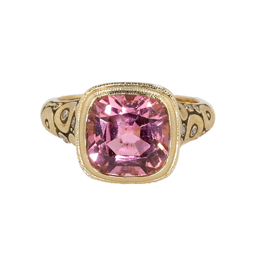 18K Yellow Gold Orchard Cushion Pink Tourmaline and Diamond Ring