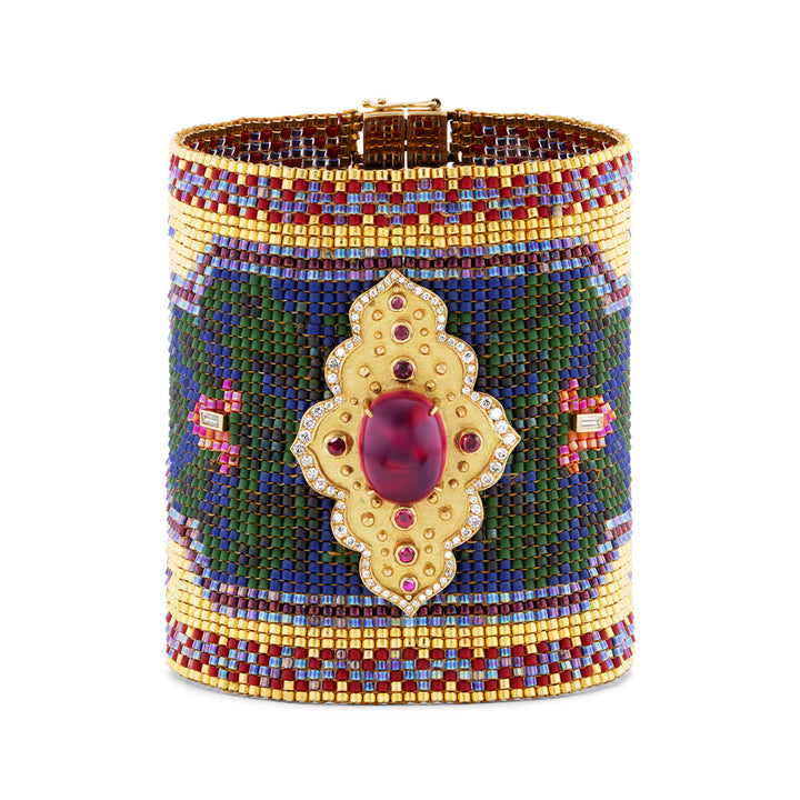18K Yellow Gold Pink Tourmaline, Diamond, Ruby and Porcelain Bead Silk Road Bracelet