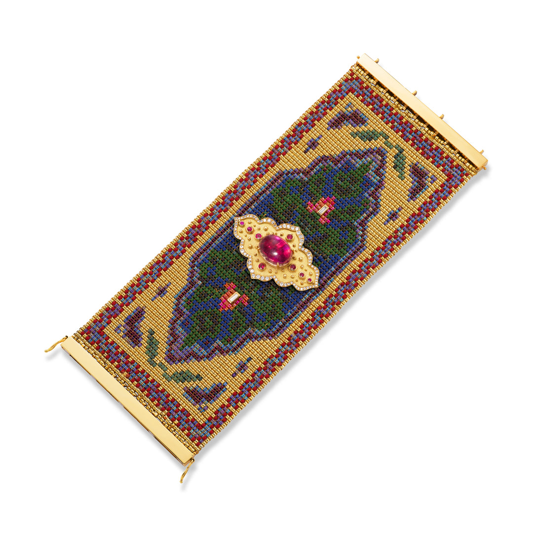 18K Yellow Gold Pink Tourmaline, Diamond, Ruby and Porcelain Bead Silk Road Bracelet Laid Out