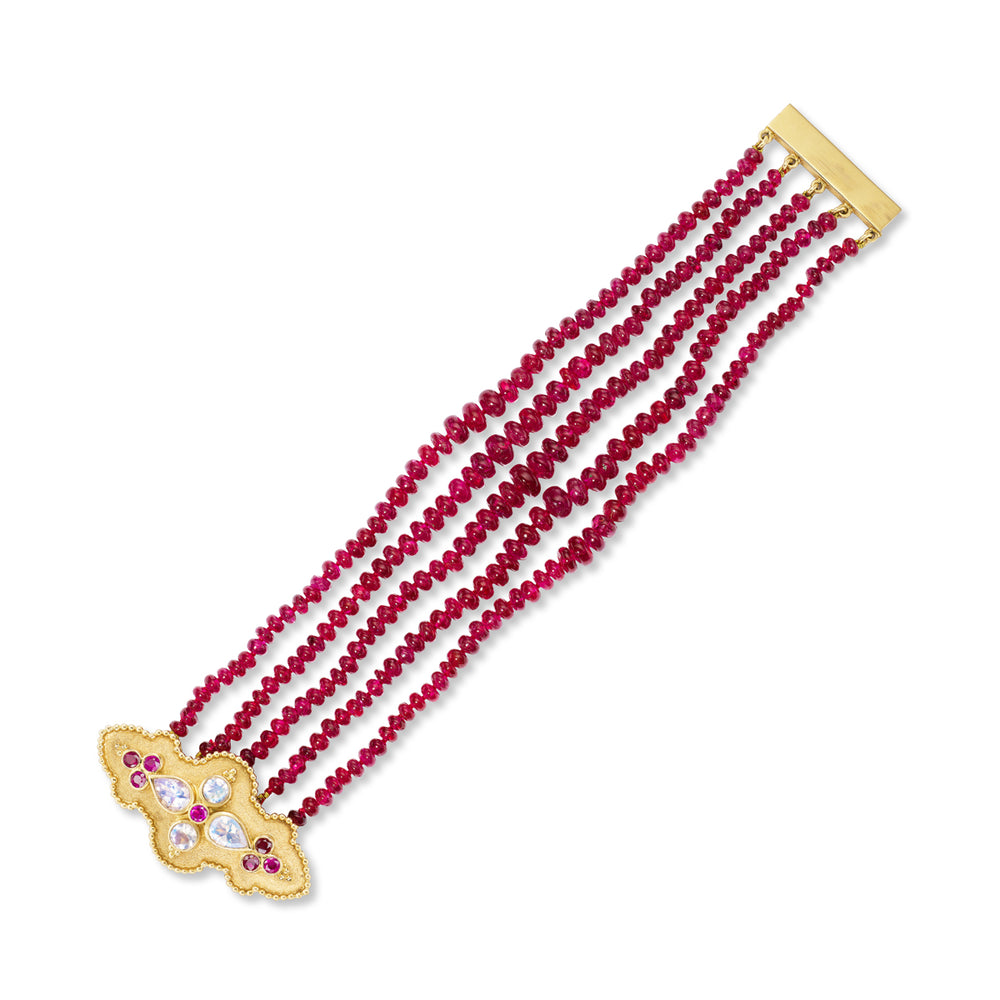 18K Yellow Gold,  Red Spinel, Ruby &  Moonstone Bracelet Full