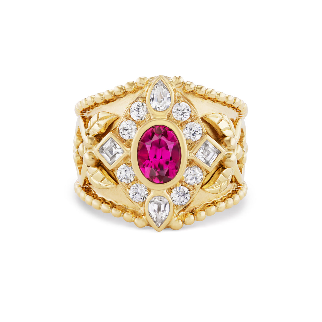 18K Yellow Gold,  Rubellite Toumaline & White Zircon Classic Crevoshay Ring Front