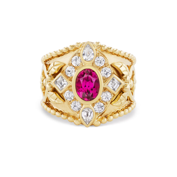 18K Yellow Gold,  Rubellite Toumaline & White Zircon Classic Crevoshay Ring Front