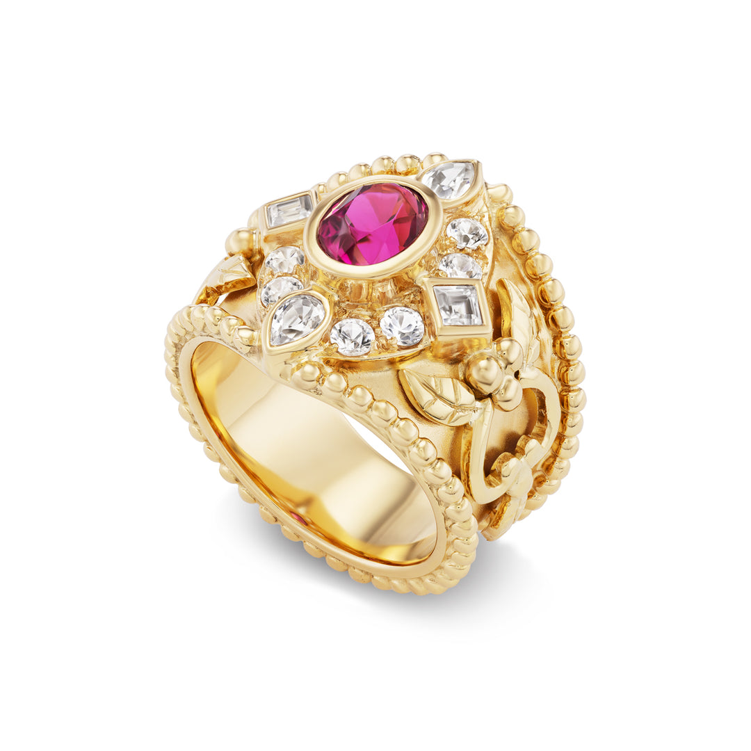 18K Yellow Gold,  Rubellite Toumaline & White Zircon Classic Crevoshay Ring Side