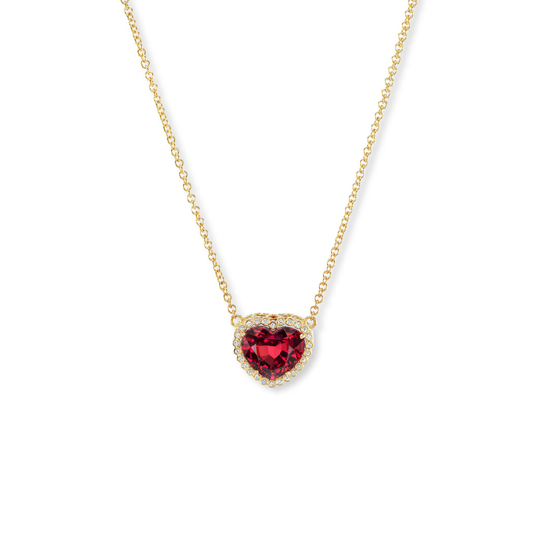 18K Yellow Gold, Rubellite Tourmaline & Diamond Heart Necklace.