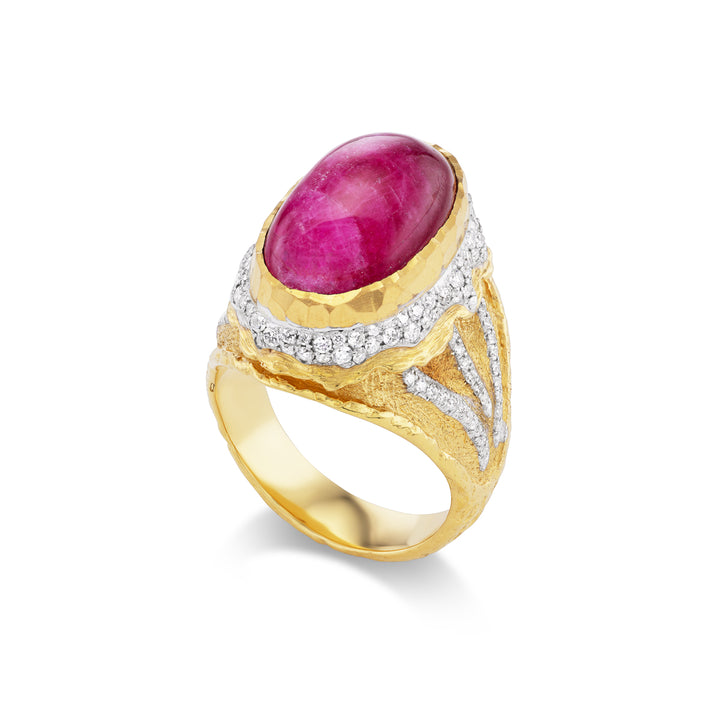 18K and 24K Yellow Gold, Cabochon Ruby &  Diamond Ring Side