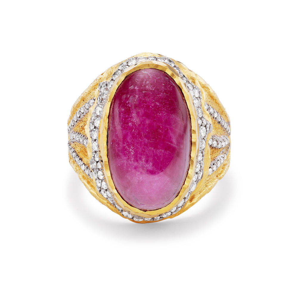 18K and 24K Yellow Gold, Cabochon Ruby &  Diamond Ring Top
