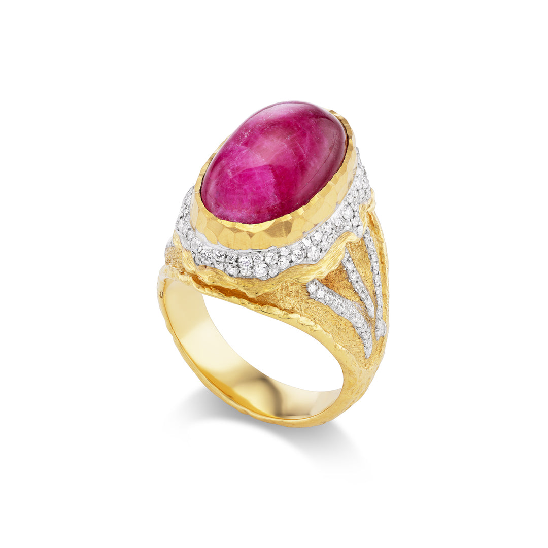 18K and 24K Yellow Gold, Cabochon Ruby &  Diamond Ring