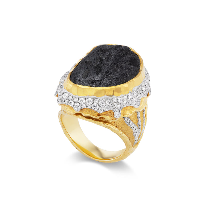 24K and 18K Yellow Gold,  Black Tourmaline & Diamond Ring
