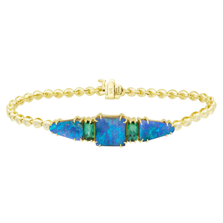 18K Yellow Gold Australian Boulder Opal, Green Tourmaline and Diamond Bracelet