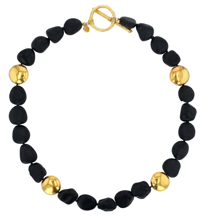 18K Yellow Gold Black Tourmaline and Gold Bead Necklace