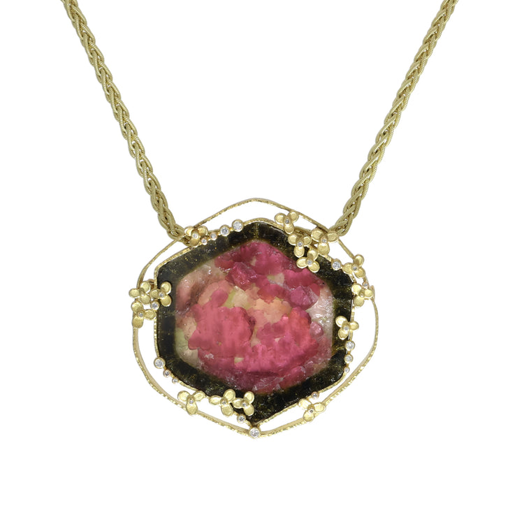 18K Yellow Gold Watermelon Tourmaline and Diamond Pendant