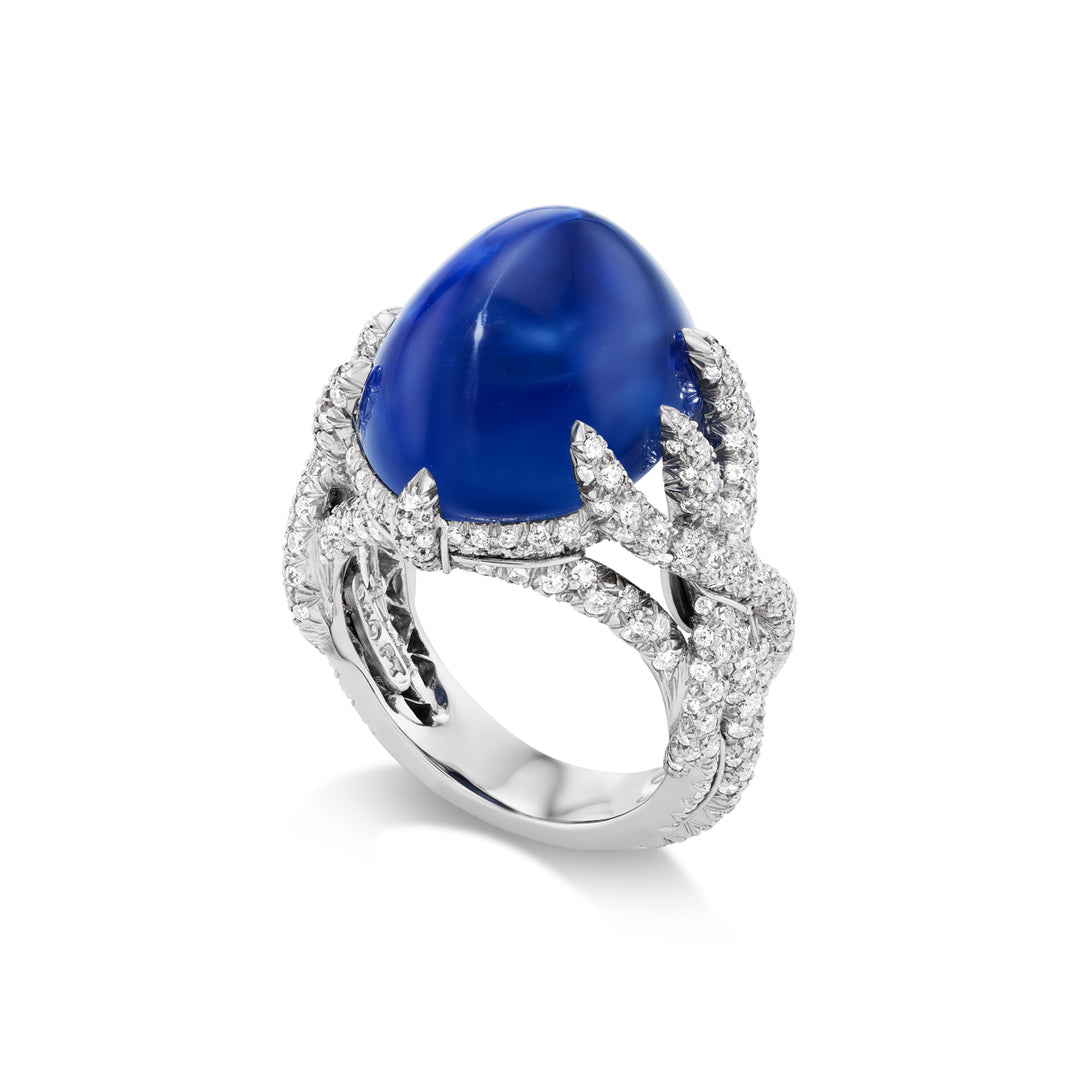Platinum Cabochon Sapphire and Diamond Ring