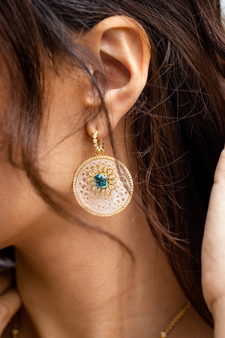 18K Yellow Gold Ice Jade and Blue Zircon Diamond Earrings
