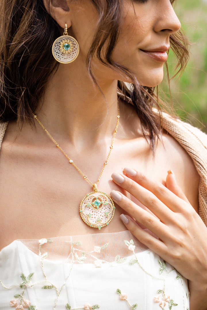 18K Yellow Gold Ice Jade and Paraiba Tourmaline Pendant