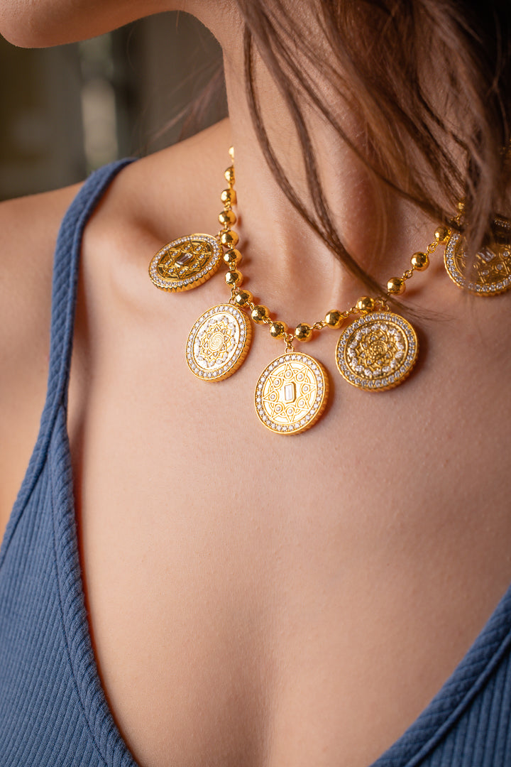 20K Yellow Gold & Diamond Ball Chain Necklace with 5 Mandala Coins