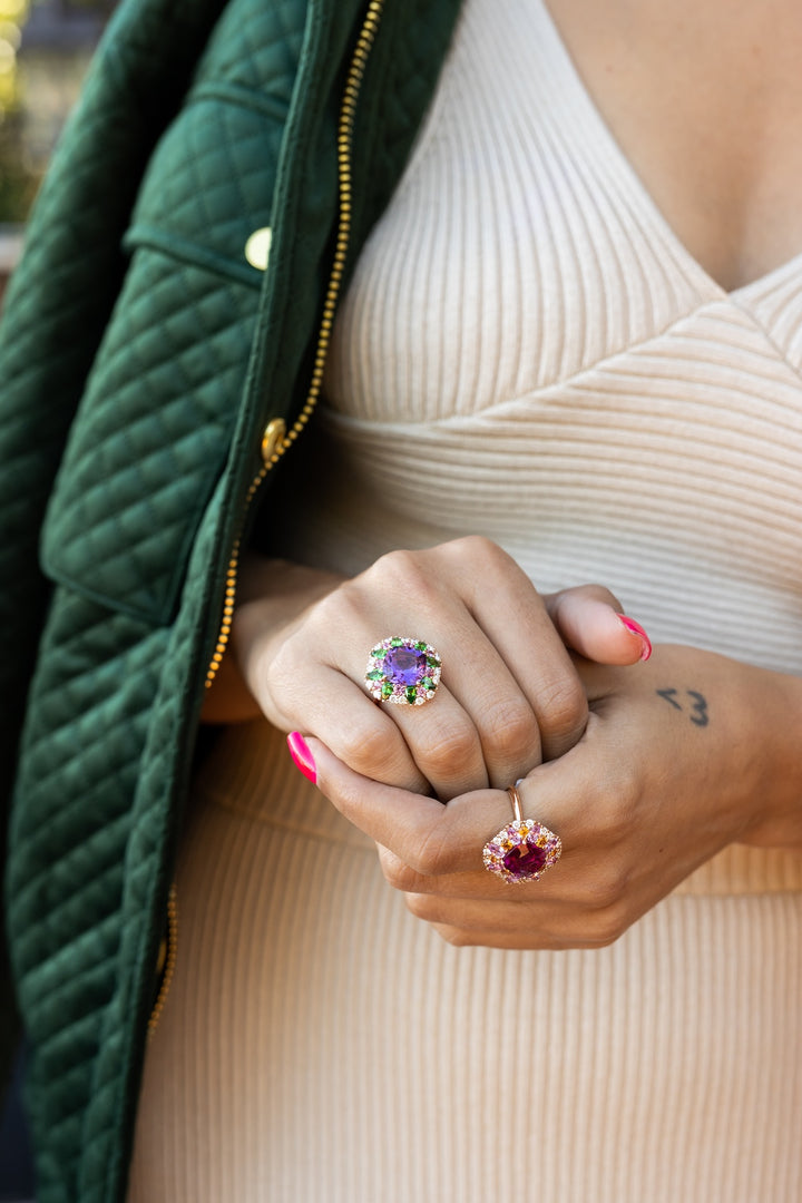18K Rose Gold, Amethyst, Tsavorite, Pink Sapphire & Diamond Ring