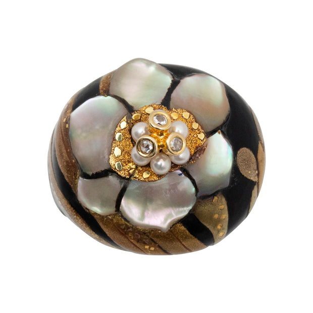 18K Yellow Gold Mother of Pearl and Diamond Japanese Lacquer Ring