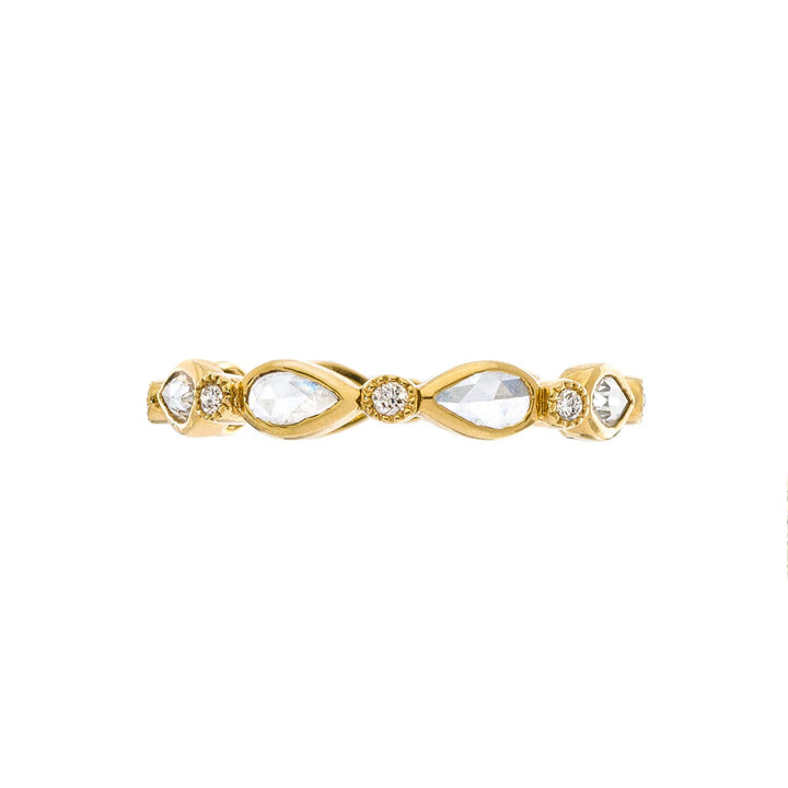 18K Yellow Gold Fine Vine Pear-Shape Rose Cut and Brilliant Cut White Diamond Eternity Band