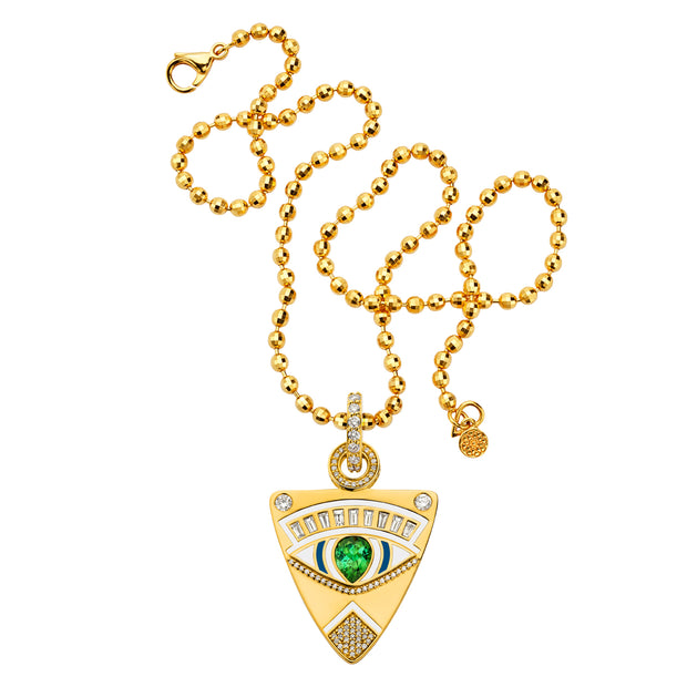 20K Yellow Gold Guitar Pick Pendant with Enamel, Green Tourmaline and Diamonds