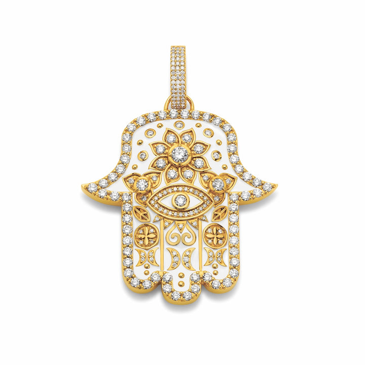 20K Yellow Gold, Diamond and White Enamel Medium Hamsa Pendant