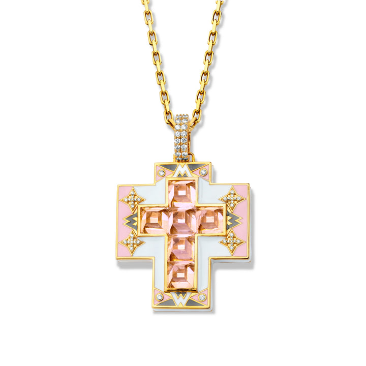 20K Yellow Gold, Enamel, Morganite & Diamond Cross Pendant