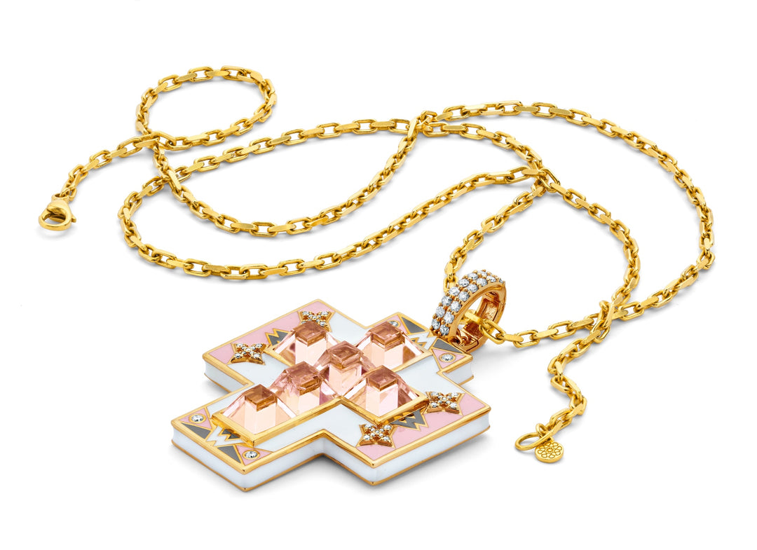 20K Yellow Gold, Enamel, Morganite & Diamond Cross Pendant