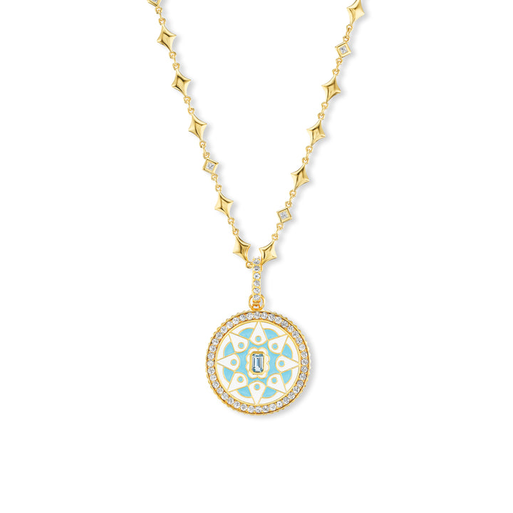 20K Yellow Gold  Mandala Coin Pendant with Blue Topaz, Diamond & Enamel