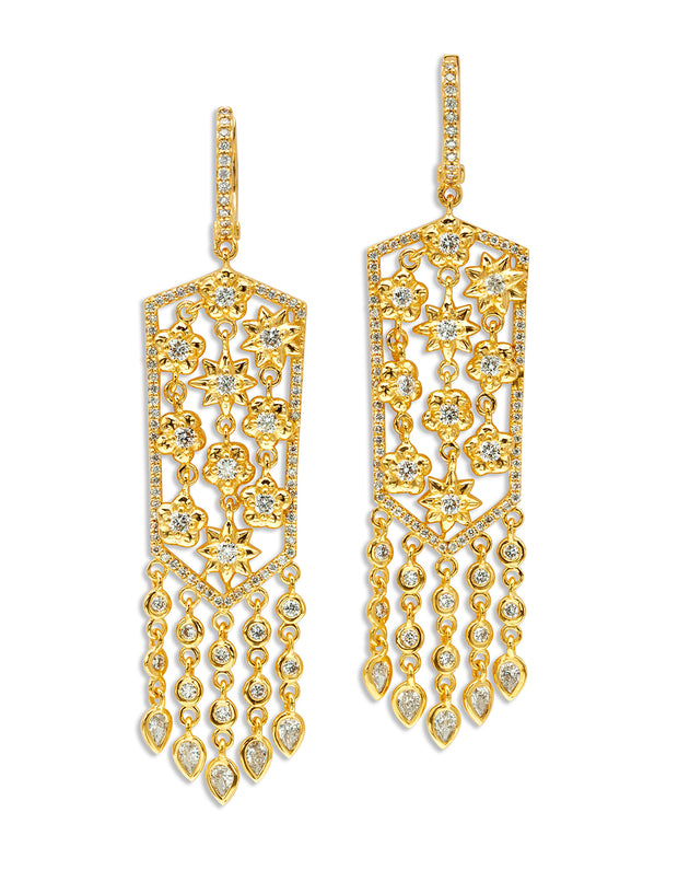 20K Yellow Gold Large Flower Mesh Diamond Earrings
