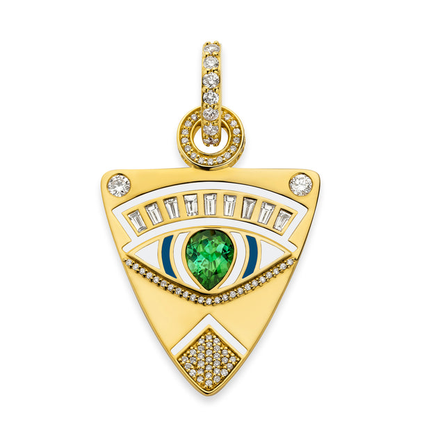 20K Yellow Gold Guitar Pick Pendant with Enamel, Green Tourmaline and Diamonds