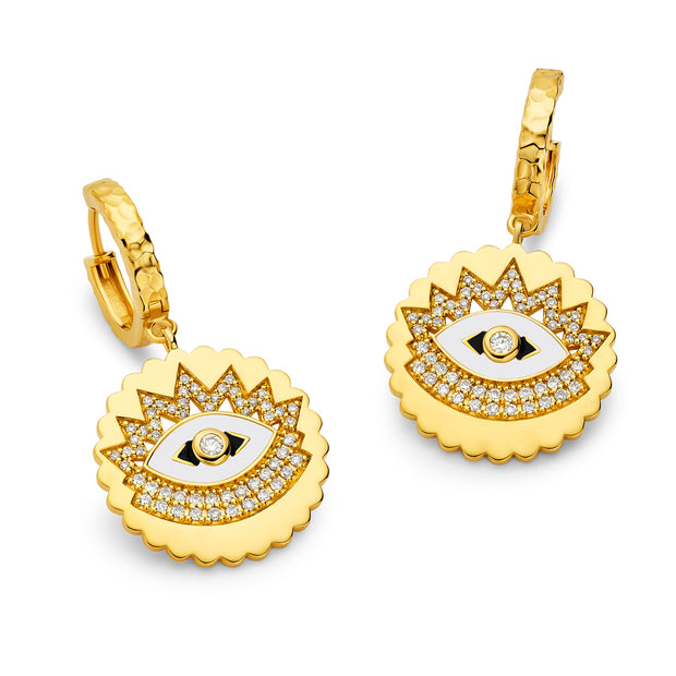 20K Yellow Gold Scalloped Evil Eye Diamond Earrings