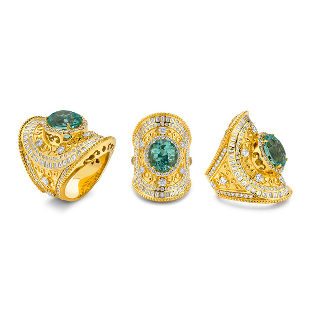 20K Yellow Gold Green Tourmaline and Diamond Wrap Ring