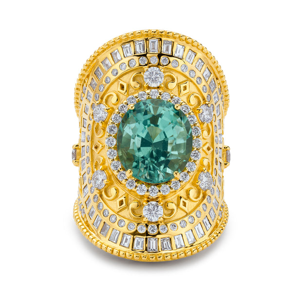 20K Yellow Gold Green Tourmaline and Diamond Wrap Ring