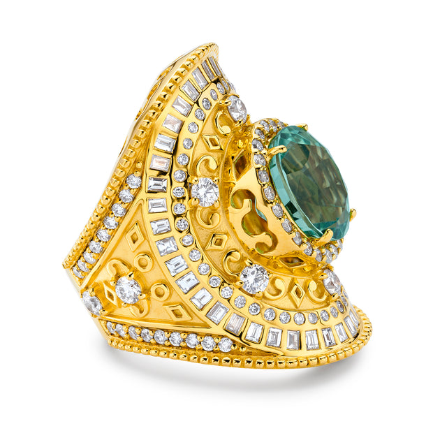 20K Yellow Gold Green Tourmaline and Diamond Wrap Ring